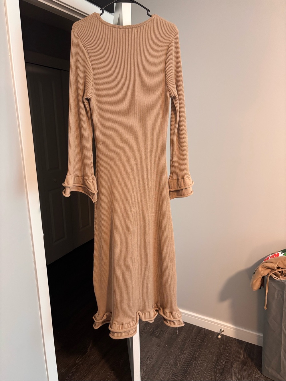 Ribbed Long-Sleeve Ruffle-Hem Dress - Camel
Worth Collective